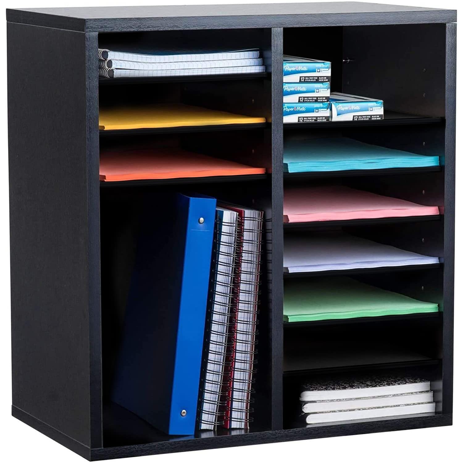 Adir Wooden Literature Organizer Sorter - Stackable Mail Craft Paper Storage Holder with Removable Shelves for Office, Classrooms, and Mailrooms Organization (16 Compartment, Black)