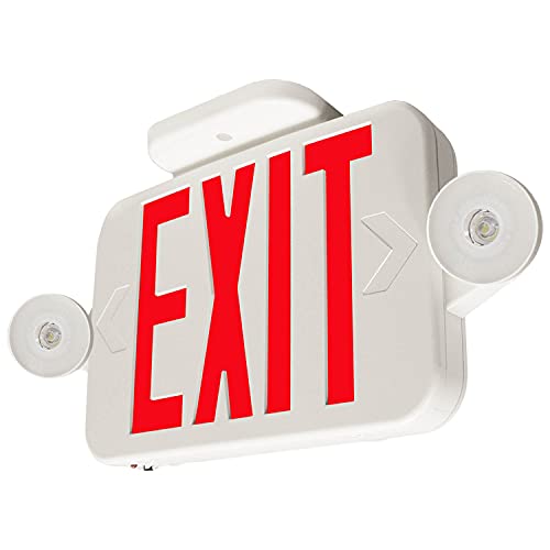 LFI Lights | Compact Combo Red Exit Sign with Emergency Lights | White Housing | All LED | Two Adjustable Round Heads | Hardwired with Battery Backup | UL Listed | (2 Pack) | COMBOJR-R