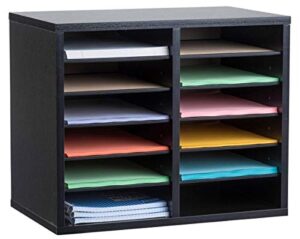 adir wooden literature organizer sorter - stackable file mail craft paper storage holder with removable shelves for office, classrooms, and mailrooms organization (12 compartment, black)