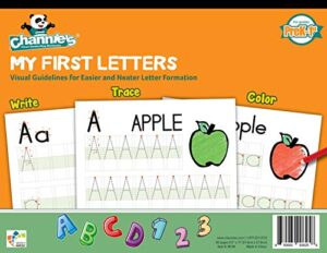 channie’s my first letters, easy to trace, write, color, and learn alphabet practice handwriting & printing workbook, 80 pages front & back, 40 sheets, grades prek - 1st, size 8.5” x 11”