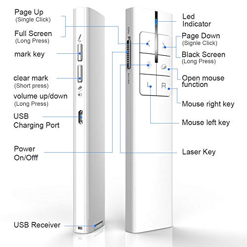 NORWII N99 Wireless Presenter Mouse Pointer, 2.4GHz Presentation Clicker Rechargeable PPT PowerPoint Clicker for Powerpoint Presentation Remote Slide Advancer, Support Hyperlink/Volume/Pause/Mac