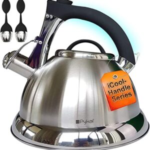 Whistling Tea Kettle with iCool - Handle, Surgical Stainless Steel Teapot for Stovetop, 2 FREE Infusers Included, 3 Quart by Pykal