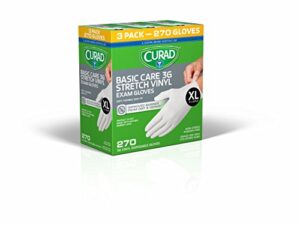 curad - cur3gt4r disposable, basic care, 3g stretch, vinyl exam, gloves - latex free, medical grade, non-sterile, powder free, x-large, 90 count (3-pack)