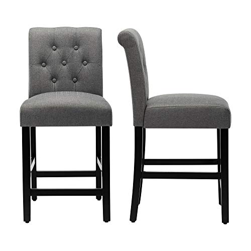 LSSBOUGHT Counter Stools,24 inches Upholstered Counter Height Chairs with Button-Tufted and Solid Wood Legs Set of 2（Gray）