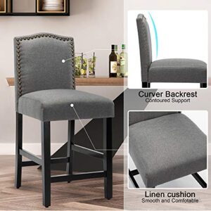 LSSBOUGHT Counter Stools, 24 inches Upholstered Bar Chairs with Solid Wood Legs and Nailed Trim Set of 2(Gray)