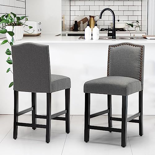 LSSBOUGHT Counter Stools, 24 inches Upholstered Bar Chairs with Solid Wood Legs and Nailed Trim Set of 2(Gray)
