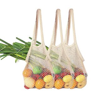 pack of 3 plus-size cotton net shopping tote ecology market string bag organizer-for grocery shopping & beach, storage, fruit, vegetable and toys