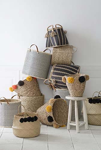 Creative Co-Op Set of 2 Beige & Black Wicker Handles & Tassels Basket Set, Black