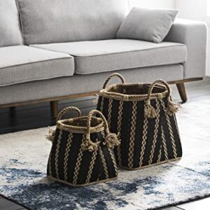 Creative Co-Op Set of 2 Beige & Black Wicker Handles & Tassels Basket Set, Black