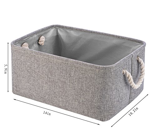 Collapsible Storage Basket Bins, Decorative Foldable Rectangular Linen Fabric Storage Box Cubes Containers with Handles- Medium Organizer For Nursery Toys,Kids Room,Towels,Clothes, Grey14Lx10.2Wx5.9H