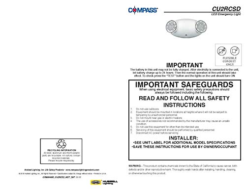 HUBBELL CU2B CU2 Series Commercial Battery Backup, LED Emergency Lighting Fixture with Twin Adjustable Heads, 90-Minute Runtime, UL924 Listed for Damp Locations, 120-277V, Black