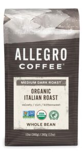 allegro coffee, organic, italian roast, whole bean, 12 oz