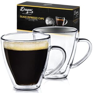 dragon glassware espresso cups, clear glass double wall insulated coffee cups, keeps beverages hot or cold longer, 6oz, set of 2