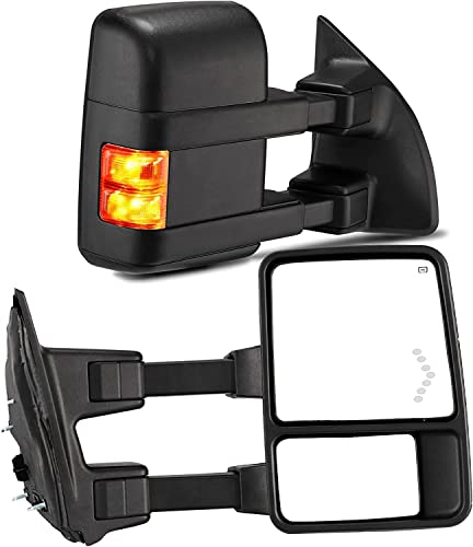 MOTOOS Upgrade Towing Mirrors Replacement for 1999-2007 Ford F250 F350 F450 F550 Super Duty Tow Mirrors Pair Set Power Heated Glass With LED Smoke Signal Telescoping Pickup Truck Side View Mirrors