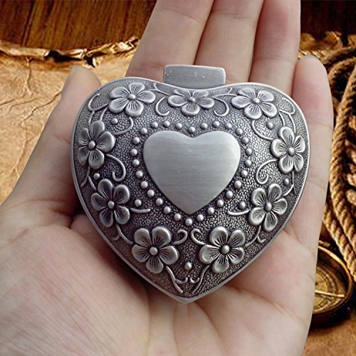 AVESON Classic Vintage Antique Heart Shape Jewelry Box Ring Small Trinket Storage Organizer Chest Christmas Gift, Silver