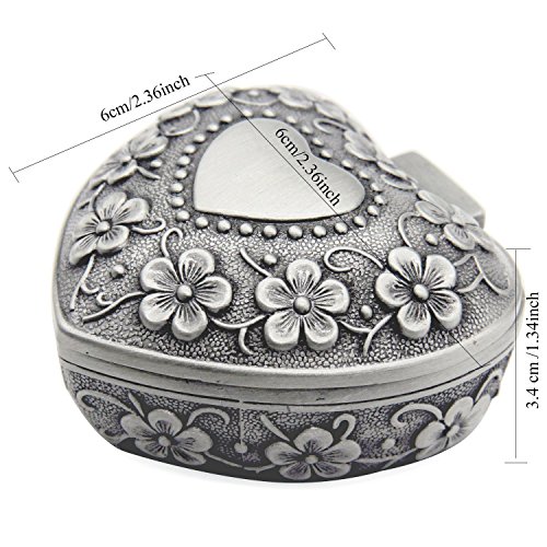 AVESON Classic Vintage Antique Heart Shape Jewelry Box Ring Small Trinket Storage Organizer Chest Christmas Gift, Silver