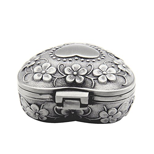 AVESON Classic Vintage Antique Heart Shape Jewelry Box Ring Small Trinket Storage Organizer Chest Christmas Gift, Silver