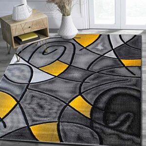 hr orangish yellow/grey/silver/black/abstract area rug modern contemporary circles | bedroom rug with wave design pattern (5' x 7')