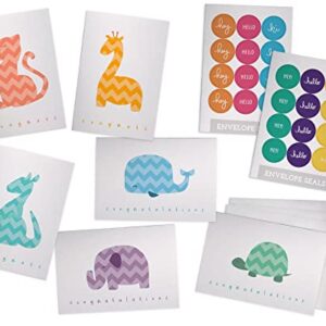 Chevron Animals Around The World Baby Congrats Cards - 48 Cards & Envelopes - Includes Colorful Sticker Seals