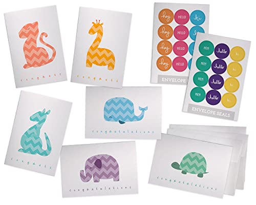 Chevron Animals Around The World Baby Congrats Cards - 48 Cards & Envelopes - Includes Colorful Sticker Seals