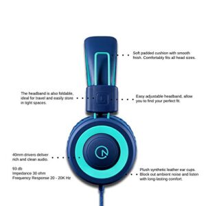 Kids Headphones - noot products K11 Foldable Stereo Tangle-Free 3.5mm Jack Wired Cord On-Ear Headset for Children/Teens/Boys/Girls/Smartphones/School/Kindle/Airplane Travel/Plane/Tablet (Navy/Teal)