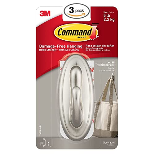 Command Traditional Large Plastic Hooks, Brushed Nickel, 3-Hook