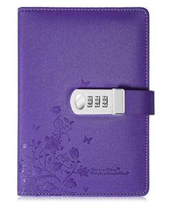 pu leather diary with lock, a5 size journal with combination lock creative password notebook locking personal diary (purple)