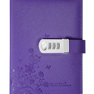 PU Leather Diary with Lock, A5 Size Journal with Combination Lock Creative Password Notebook Locking Personal Diary (Purple)