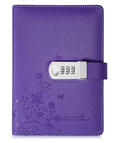 PU Leather Diary with Lock, A5 Size Journal with Combination Lock Creative Password Notebook Locking Personal Diary (Purple)