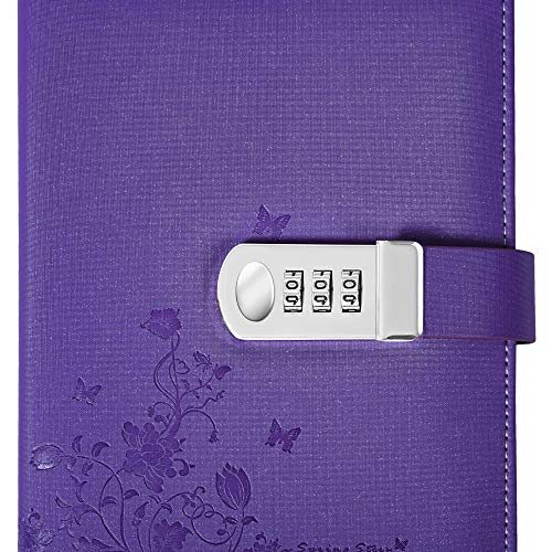 PU Leather Diary with Lock, A5 Size Journal with Combination Lock Creative Password Notebook Locking Personal Diary (Purple)