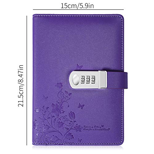 PU Leather Diary with Lock, A5 Size Journal with Combination Lock Creative Password Notebook Locking Personal Diary (Purple)