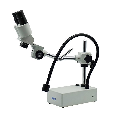 OPTO-EDU A22.1201-C1 Professional Binocular Stereo Microscope, WF10X and WF20X Eyepieces, 10X and 20X Magnification, 1X Objective, LED Lighting, Boom-Arm Stand, 110V-120V, Metal, Glass, Plastic