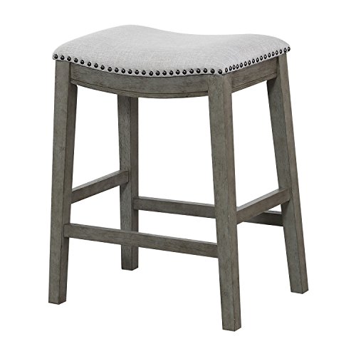 OSP Home Furnishings Metro 24-inch Counter Height Saddle Stool with Nailhead Trim 2-Pack, Antique Grey Base with Grey Fabric