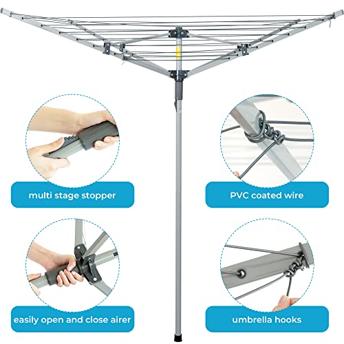 Bizvalue Collapsible 4-arm Rotary Outdoor Umbrella Drying Rack Clothes Dryer Clothesline with 131ft Drying Space