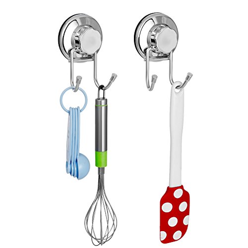 SANNO Double Suction Hooks Suction Cups Vacuum Hook for Flat Smooth Wall Surface Towel Robe Bathroom Kitchen Shower Bath Coat, Stainless Steel (2 Pack)