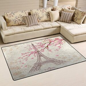 yochoice non-slip area rugs home decor, vintage paris eiffel tower with pink cherry blossom floor mat living room bedroom carpets doormats 31 x 20 inches
