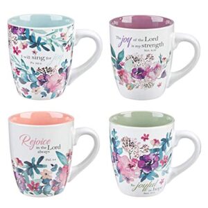 christian art gifts ceramic coffee/tea mug set for women | rejoice watercolor flowers design bible verse mug set | boxed set/4 coffee cups