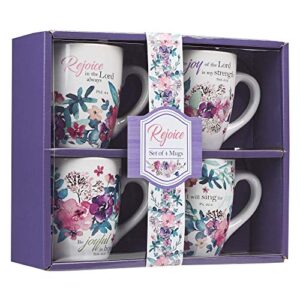 Christian Art Gifts Ceramic Coffee/Tea Mug Set for Women | Rejoice Watercolor Flowers Design Bible Verse Mug Set | Boxed Set/4 Coffee Cups