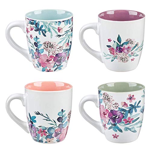Christian Art Gifts Ceramic Coffee/Tea Mug Set for Women | Rejoice Watercolor Flowers Design Bible Verse Mug Set | Boxed Set/4 Coffee Cups