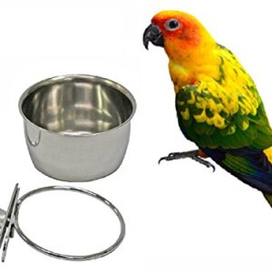 Bird Parrot Feeding Cups Cage Hanging Bowl Stainless Steel Perches Play Stand with Clamp - Bird Coop Cups Seed Water Food Dish Feeder Bowl 10 Ounce