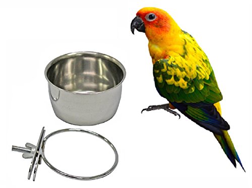 Bird Parrot Feeding Cups Cage Hanging Bowl Stainless Steel Perches Play Stand with Clamp - Bird Coop Cups Seed Water Food Dish Feeder Bowl 10 Ounce