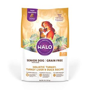 halo senior holistic dog food, grain free turkey, turkey liver, & duck, dry senior dog food bag, senior formula, 4-lb bag