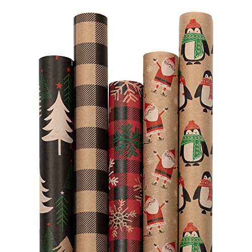 JAM Paper Assorted Gift Wrap - Christmas Kraft Wrapping Paper - 125 Sq Ft Total - Kraft Christmas Set - 5 Rolls/Pack