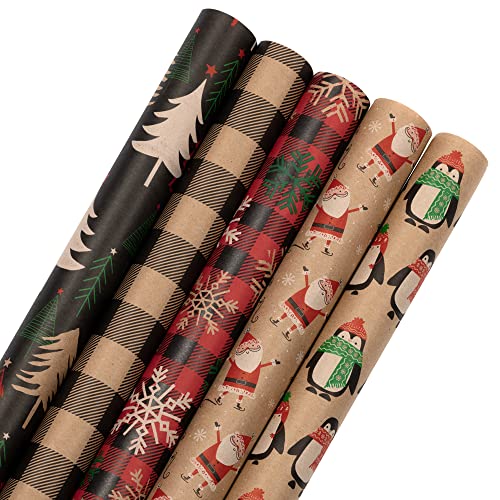 JAM Paper Assorted Gift Wrap - Christmas Kraft Wrapping Paper - 125 Sq Ft Total - Kraft Christmas Set - 5 Rolls/Pack