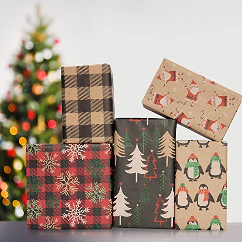 JAM Paper Assorted Gift Wrap - Christmas Kraft Wrapping Paper - 125 Sq Ft Total - Kraft Christmas Set - 5 Rolls/Pack