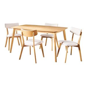 christopher knight home alma mid-century wood dining set with fabric chairs, 5-pcs set, natural oak / light beige