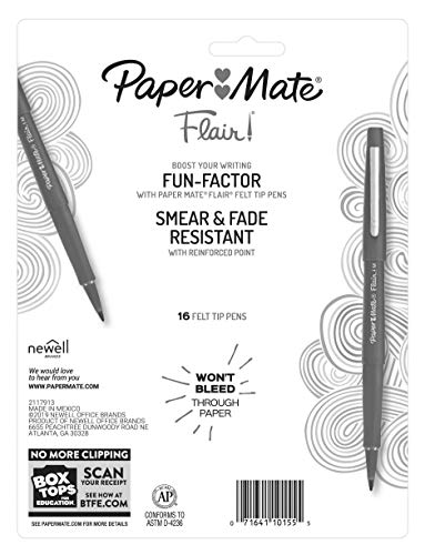 Paper Mate Flair Felt Tip Pens, Medium Point (0.7mm), Assorted Colors, 16 Count