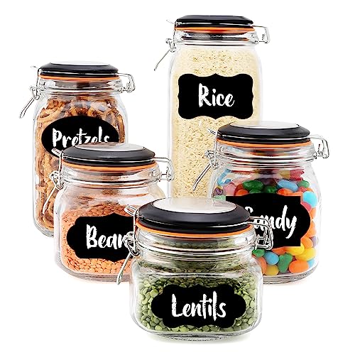 EatNeat 5 Piece Airtight Glass Kitchen Canisters with Black Lids - Includes Premium Black Labels and White Marker, Set of 5 Mason Jars for Food Storage Containers, Pantry Organization, and Canning