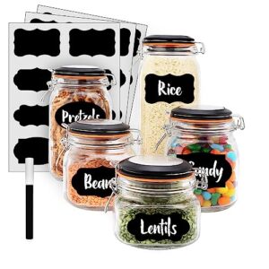 eatneat 5 piece airtight glass kitchen canisters with black lids - includes premium black labels and white marker, set of 5 mason jars for food storage containers, pantry organization, and canning