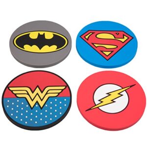 justice league super hero coasters, set of 4 - batman, superman, wonder woman, the flash - fathers day dc comics gift - pvc
